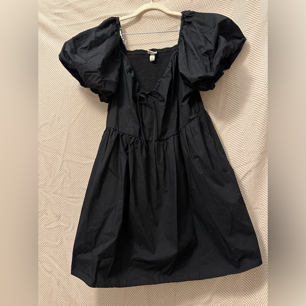 Black short puff sleeve dress